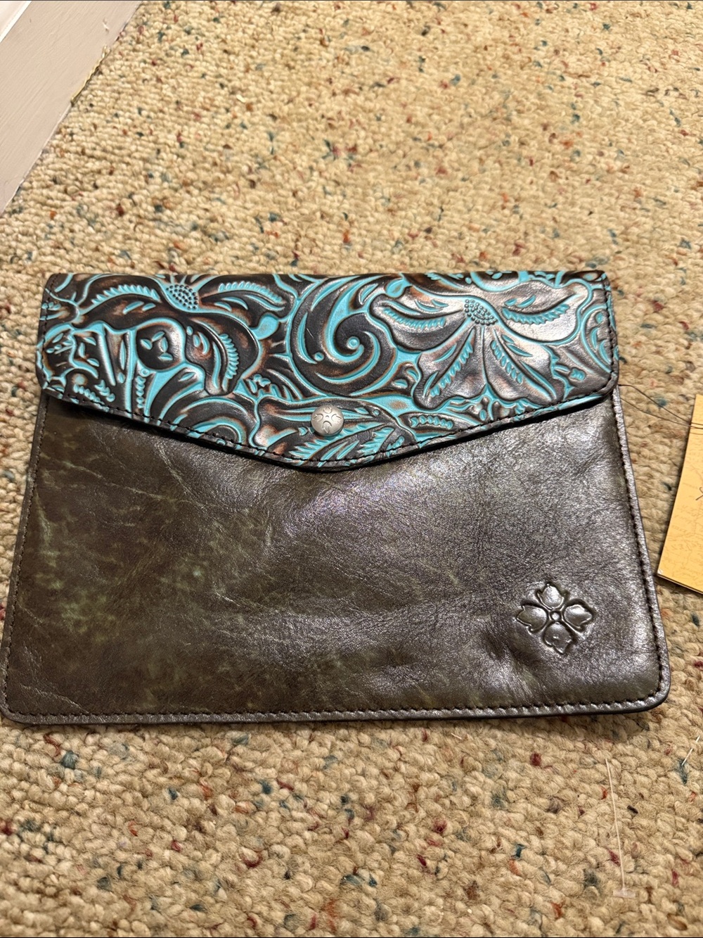 Patricia Nash Brown Leather Mini Envelope Clutch with Turquoise Tooled Flap